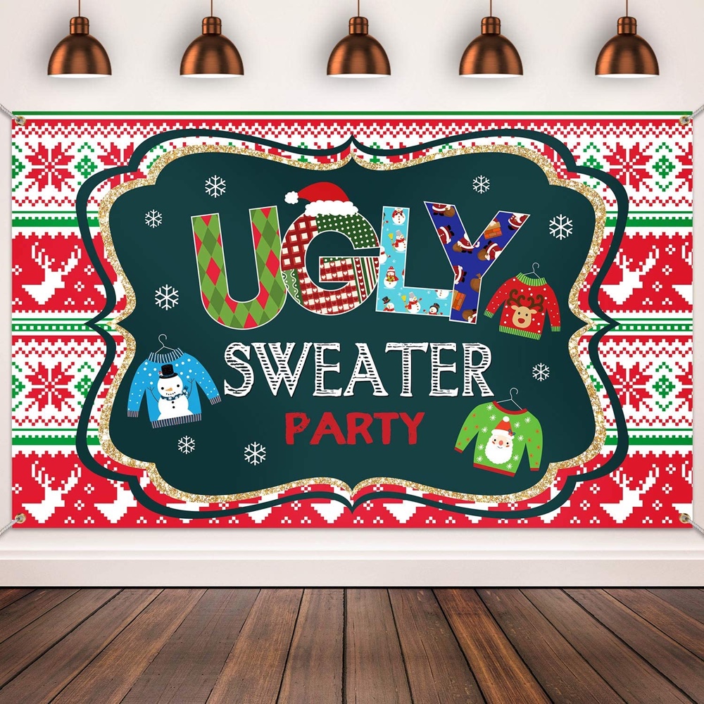 Ugly Christmas Sweater Themed Party - Office Xmas Party Ideas - Workplace Party Ideas - Backdrop
