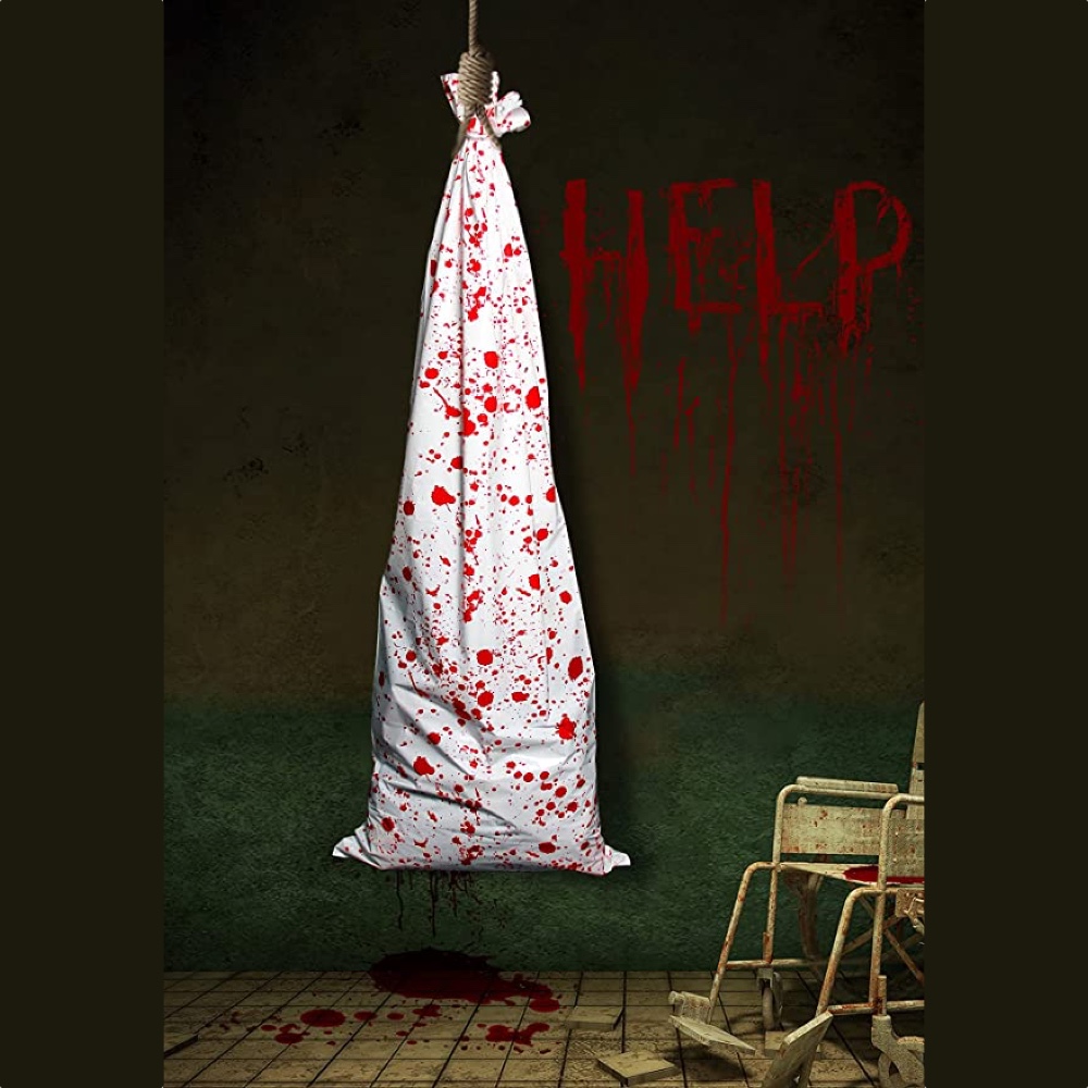 Saw Themed Halloween Party - Horror Movie Themed Party - Scary Party - Ideas - Inspiration - Party Decorations - Party Supplies - Hanging Body Wrapped in Sheet Prop