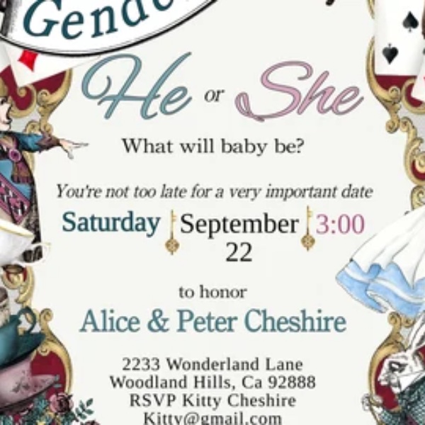 23 Unforgettable Gender Reveal Themes - Alice in Wonderland Gender Reveal Party